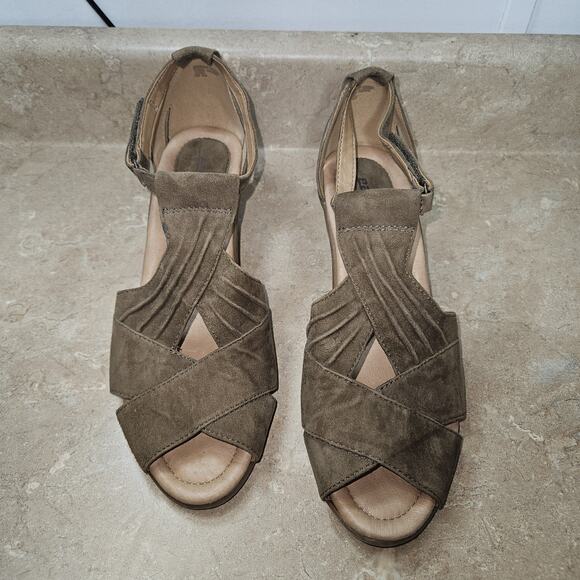 Earth Sandals Curvet SZ 10D Wide Width Dark Khaki Brown Suede Peep-toe‎ Wedge - Picture 1 of 10